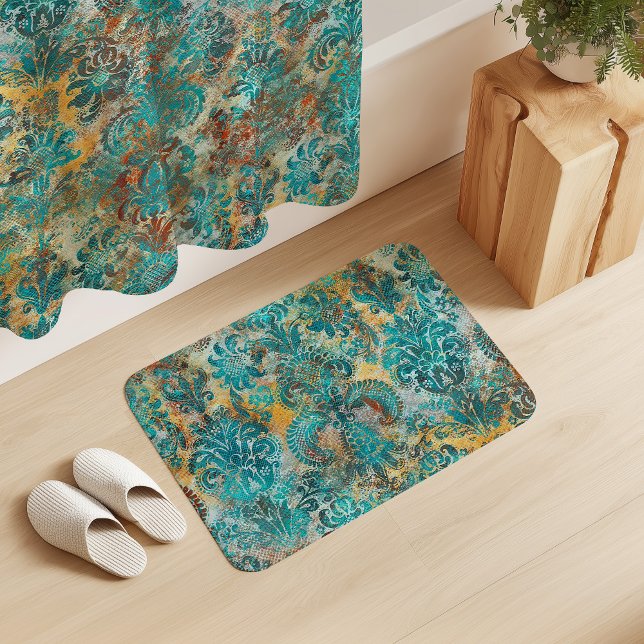 Alfombrilla De Baño Grunge Damask Aqua Viridian Mustard Terracotta (Subido por el creador)