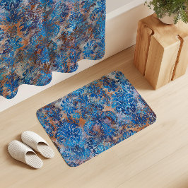 Alfombrilla De Baño Grunge Damask Azul Cobalto Oxidado Naranja