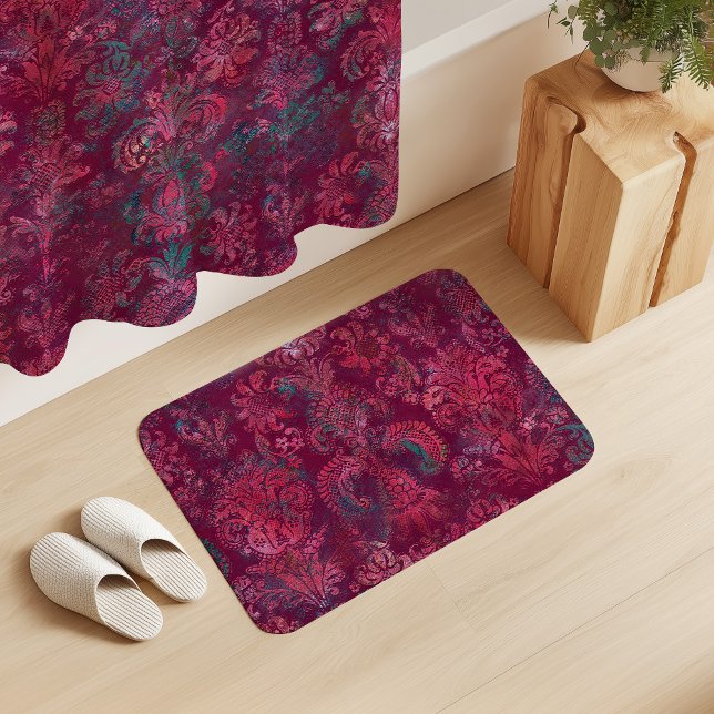Alfombrilla De Baño Grunge Damask Burgundy Red Emerald Vermilion (Subido por el creador)