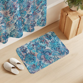 Alfombrilla De Baño Grunge Damask Denim Azul Burdeos Melocotón Rubor R
