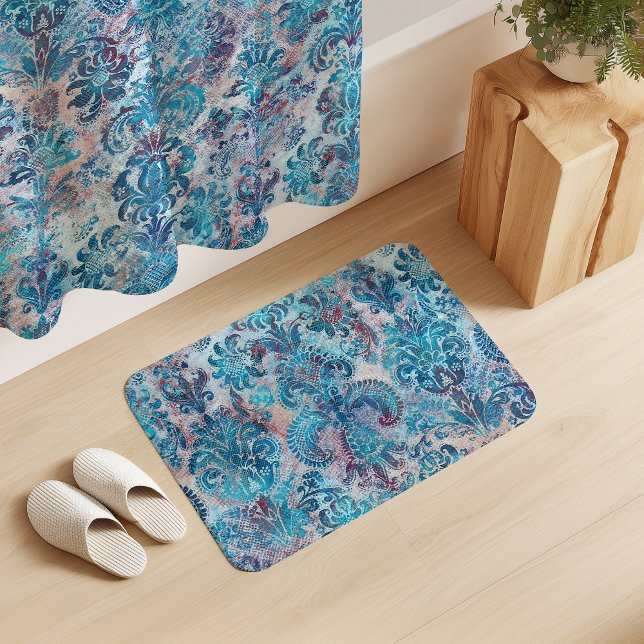 Alfombrilla De Baño Grunge Damask Denim Blue Burgundy Peach Blush Pink (Subido por el creador)