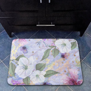 Alfombrilla De Baño Guión de color de agua morado dorado floral azul v
