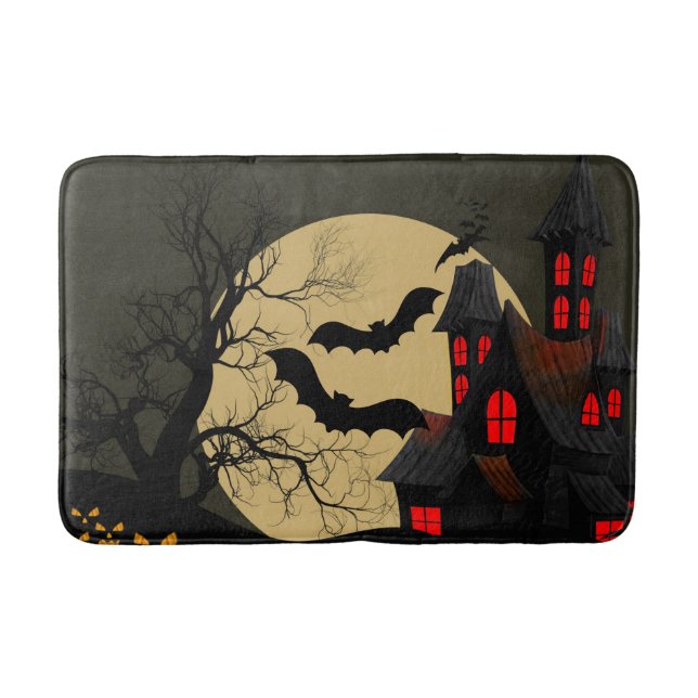 Alfombrilla De Baño Halloween Black Red Hauned House Bat Full Moon (Anverso)