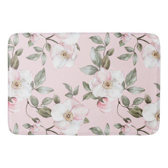 Alfombrilla De Baño Hermosas Flores Blancas Rosadas   (Anverso)