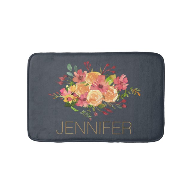Alfombrilla De Baño Hermoso diseño de flores acuarelas (Anverso)