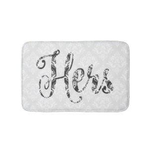Alfombrilla De Baño Hers-Black Modern Text & White Damask