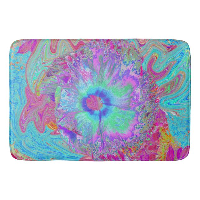 Alfombrilla De Baño Hibiscus psicodélico retro arcoiris azul (Anverso)