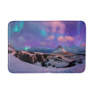 Alfombrilla De Baño Hielo y nieve Luces boreales, Montaña Kirkjufall