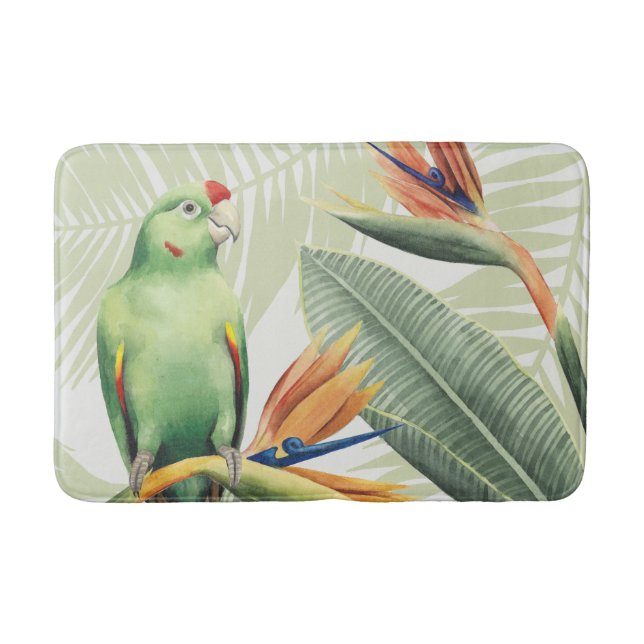 Alfombrilla De Baño Hojas de palmilla con pájaro verde (Anverso)
