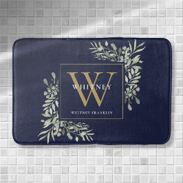 Alfombrilla De Baño Hojas De Verdor Monograma Azul Marino Y Dorado