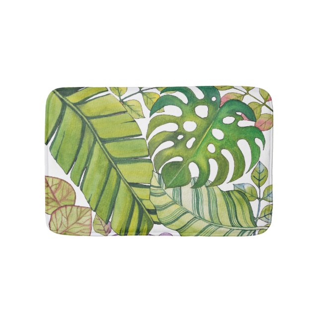 Alfombrilla De Baño Hojas tropicales cortas en acuarela (Anverso)