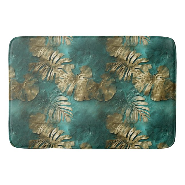 Alfombrilla De Baño Hojas verdes esmeraldas de oro tropical (Anverso)