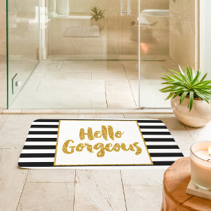 Alfombrilla De Baño Hola Hermoso Negro y Blanco Dorado Brillo Rayas