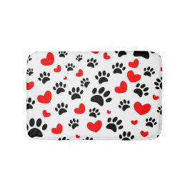 Alfombrilla De Baño Huellas de Perro Aleatorias y Corazones Rojos Arte
