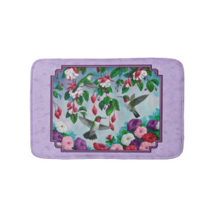 Alfombrilla De Baño Hummingbirds Flores de fucsia rosa Lavanda