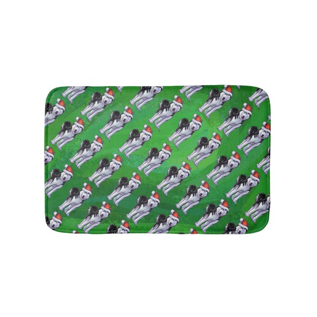Alfombrilla De Baño Husky festivo en Santa Hat en Green (Anverso)