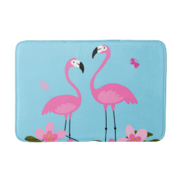 Alfombrilla De Baño Ilustración floral tropical de flamencos rosados