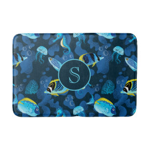 Alfombrilla De Baño Ilustracion Monograma de peces tropicales amarillo