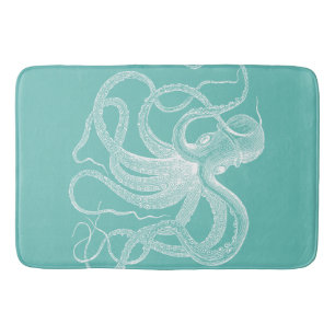 Alfombrilla De Baño Ilustracion náutico de pulpo blanco sobre azul-ver