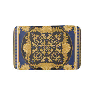 Alfombrilla De Baño Impresión de Bandana: Oro azul negro.
