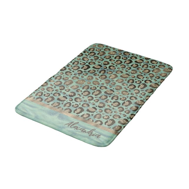 Alfombrilla De Baño Impresión Purpurinoso de leopardo sobre verde bril (Angular)