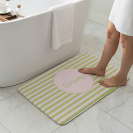 Alfombrilla De Baño Initial Monogram & Name Pastel Pink Green Striped