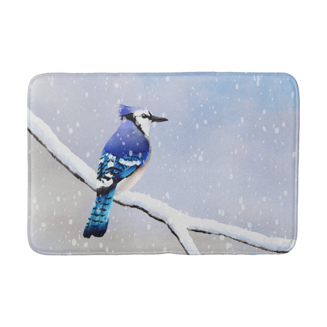 Alfombrilla De Baño Invierno acuarela Nieve Pájaro Azul Jay (Anverso)