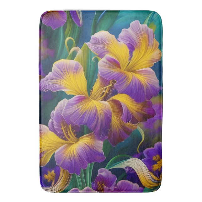 Alfombrilla De Baño Iris Floral Púrpura y hojas verdes azules de oro (Frente vertical)