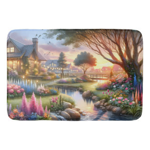 Alfombrilla De Baño Jardín de Cabaña Caprichoso al Atardecer