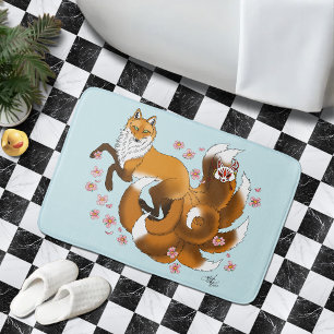 Alfombrilla De Baño Kitsune Zorro Caprichoso Flor de Cerezo Azul Fanta