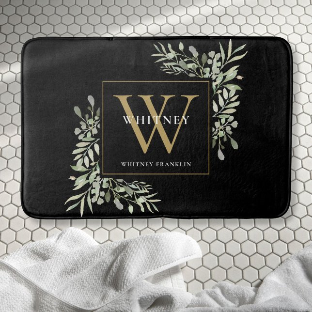 Alfombrilla De Baño Las hojas modernas del monograma de oro negro (Modern Black Gold Monogram Greenery Leaves Bath Mat)