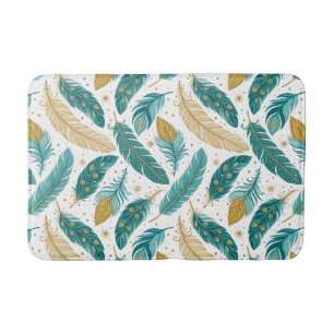 Alfombrilla De Baño Las plumas Verde azuladas y de oro del Boho