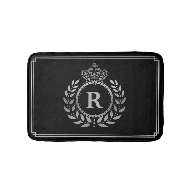 Alfombrilla De Baño Laurel Wreath Crown Monogramado Plata Real Negro (Anverso)