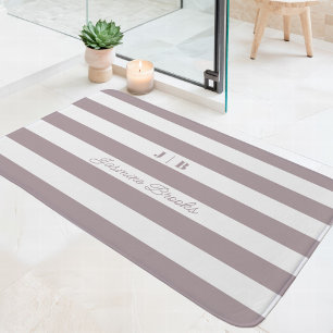 Alfombrilla De Baño Lavanda Polvorienta Blanco Rayas Anchas Monograma 
