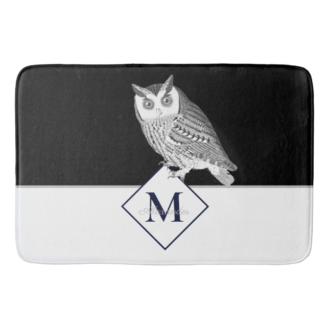 Alfombrilla De Baño Lechuza Blanca Gris Negro Monograma nombre Baño (Anverso)
