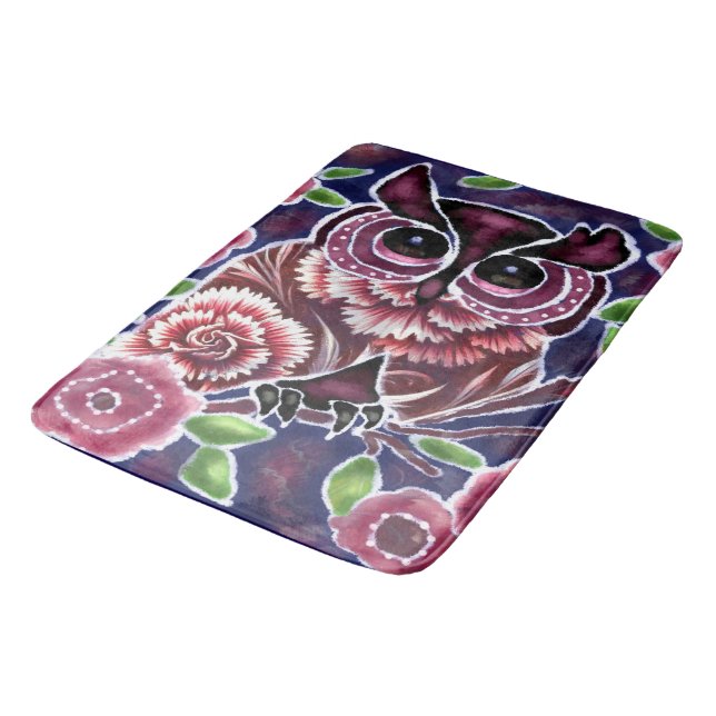 Alfombrilla De Baño Lechuza caprichosa sobre la rama florida azul rosa (Angular)