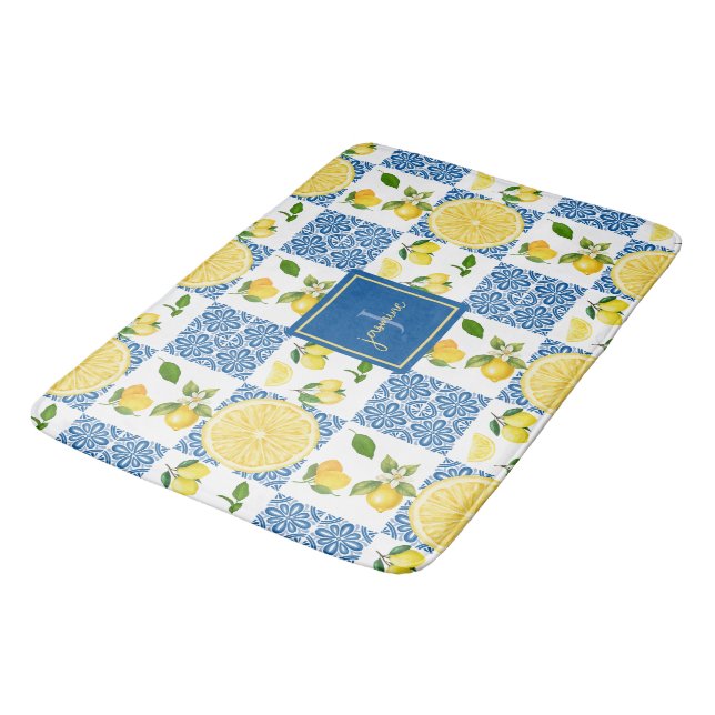 Alfombrilla De Baño Lemon Monogram Name French Country Tile Pattern (Angular)