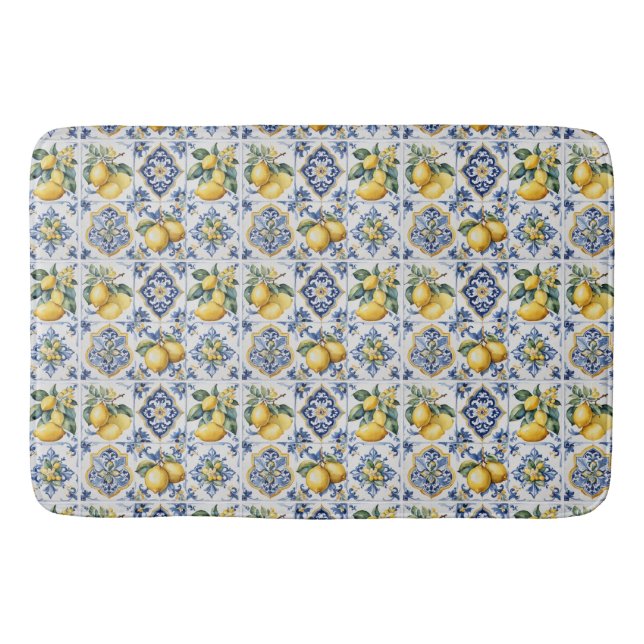 Alfombrilla De Baño Lemones de azulejos azules de Amalfi (Anverso)