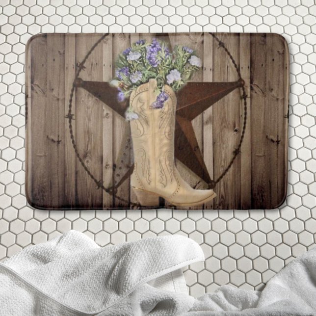 Alfombrilla De Baño leña rústica silvestre cowboy estrella occidental (rustic barn wood wildflower cowboy western star bath mat)