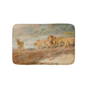 Alfombrilla De Baño León y leonas en la orilla de un río africano