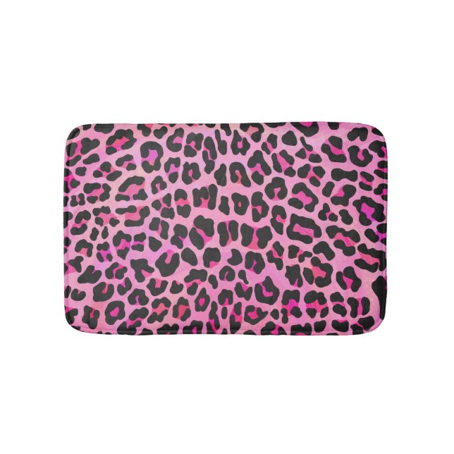 Alfombrilla De Baño Leopardo de impresión negro y rosa caliente (Anverso)