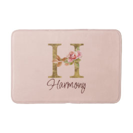 Alfombrilla De Baño Letra personalizada H Hoja de oro Rosas rosadas