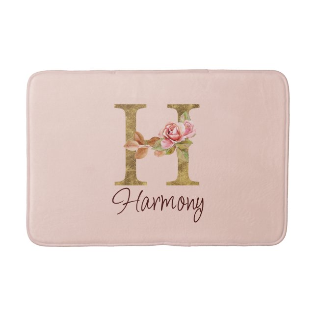 Alfombrilla De Baño Letra personalizada H Hoja de oro Rosas rosadas (Anverso)
