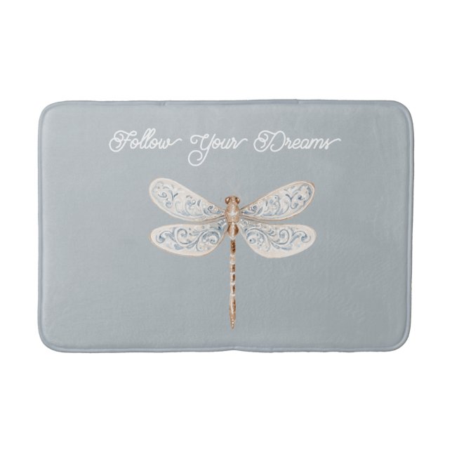 Alfombrilla De Baño Libélula gris azul bronce blanco (Anverso)