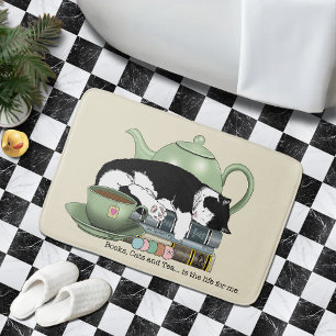 Alfombrilla De Baño Libros Acogedores Gato Esmoquin Té Tetera Verde Li