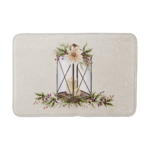 Alfombrilla De Baño Linterna de latón antiguo y poinsettia vintage