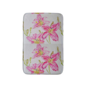 Alfombrilla De Baño Lirios Rosa Lilas Pintura Acuarela Floral