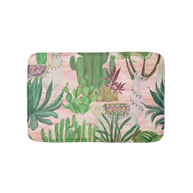 Alfombrilla De Baño Llamas acuarelas y patrones de cactus. (Anverso)