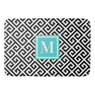 Alfombrilla De Baño Llave Griega Diagonal Blanco Negro Monograma Turqu