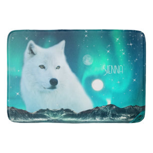 Alfombrilla De Baño Lobo ártico y noche mágica con luces del norte